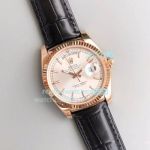 Swiss Rolex Day-Date Replica Watch Rose Gold Case White Dial Black Leather
